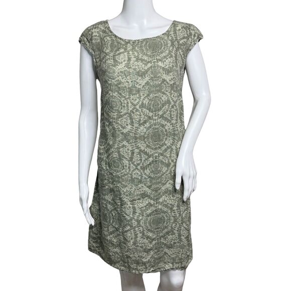Lina Tomei Dress Women Medium Green Cream Geometric 100% Linen Shift Casual Work - Picture 1 of 9